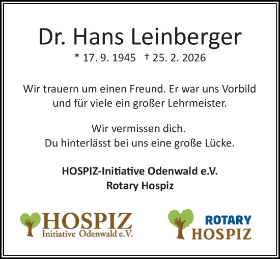 Traueranzeige von Hans Leinberger von Odenwälder Echo