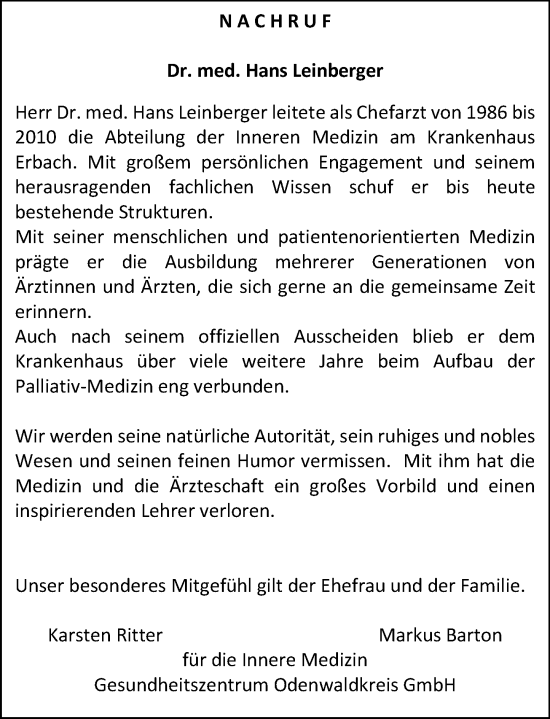 Traueranzeige von Hans Leinberger von Odenwälder Echo