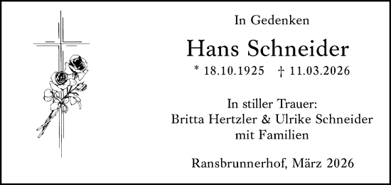 Traueranzeige von Hans Schneider von Wiesbadener Kurier