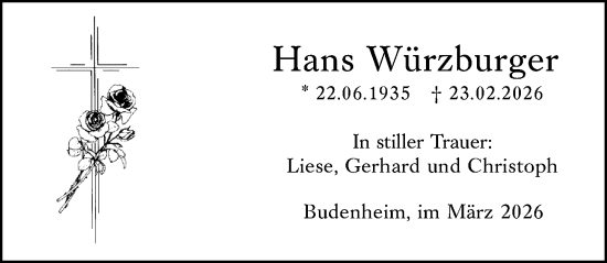 Traueranzeige von Hans Würzburger von Allgemeine Zeitung Mainz