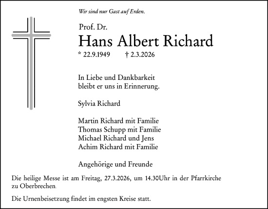 Traueranzeige von Hans Albert Richard von Camberger Anzeiger