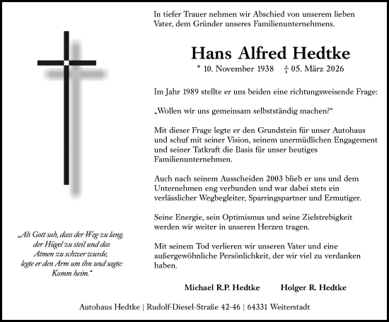 Traueranzeige von Hans Alfred Hedtke von Darmstädter Echo