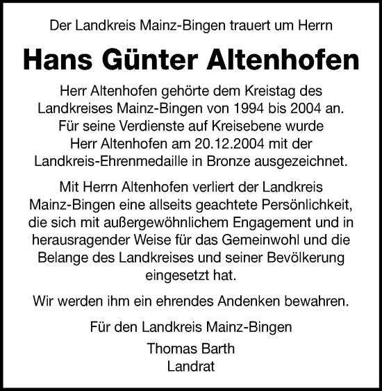 Traueranzeige von Hans Günter Altenhofen von Allgemeine Zeitung Rheinhessen-Nahe