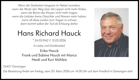Traueranzeige von Hans Richard Hauck von Allgemeine Zeitung Rheinhessen-Nahe
