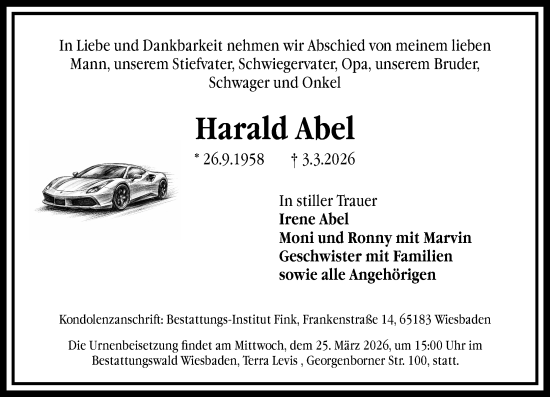 Traueranzeige von Harald Abel von Wiesbadener Kurier