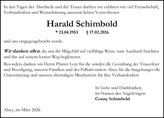 Traueranzeige von Harald Schimbold von Allgemeine Zeitung Alzey