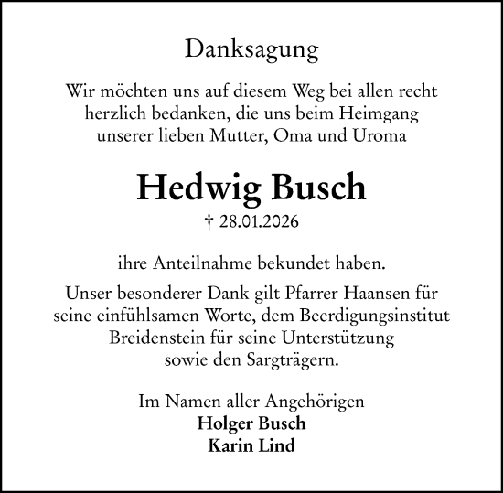 Traueranzeige von Hedwig Busch von Hinterländer Anzeiger
