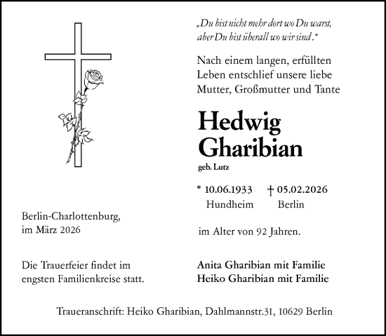 Traueranzeige von Hedwig Gharibian von Dill Block