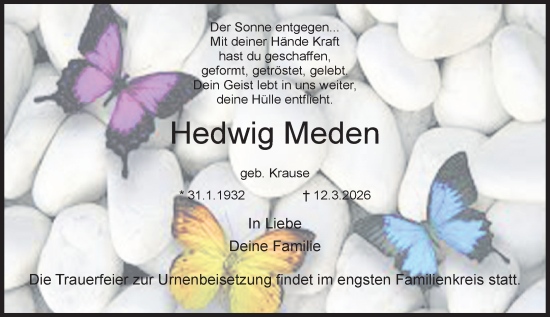 Traueranzeige von Hedwig Meden von Dieburger Anzeiger/Groß-Zimmerner Lokal-Anzeiger