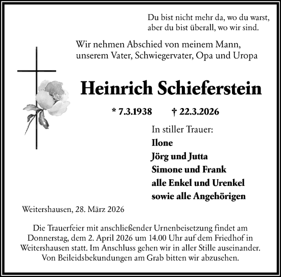 Traueranzeige von Heinrich Schieferstein von Hinterländer Anzeiger