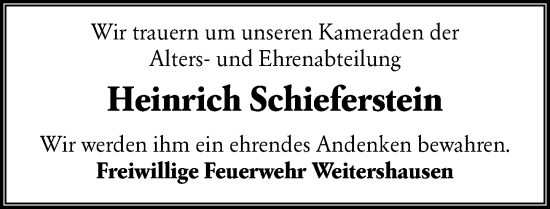 Traueranzeige von Heinrich Schieferstein von Hinterländer Anzeiger