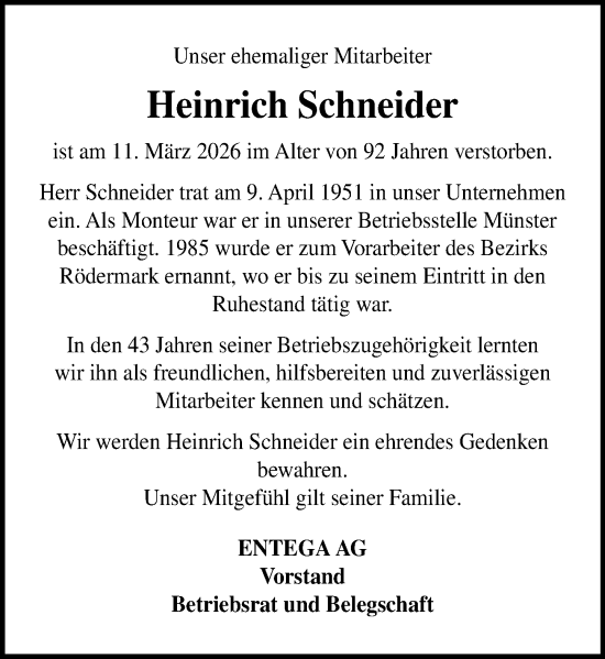 Traueranzeige von Heinrich Schneider von Odenwälder Echo