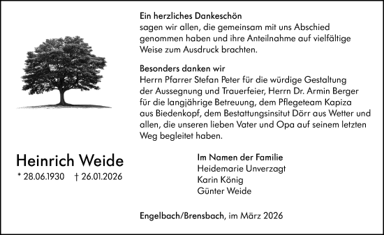Traueranzeige von Heinrich Weide von Hinterländer Anzeiger