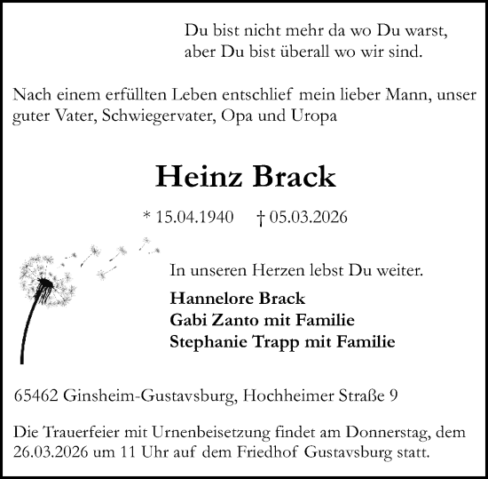 Traueranzeige von Heinz Brack von Allgemeine Zeitung Mainz