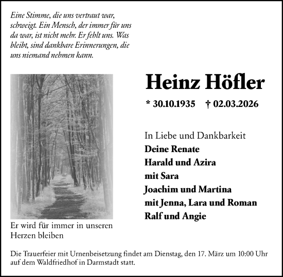 Traueranzeige von Heinz Höfler von Darmstädter Echo