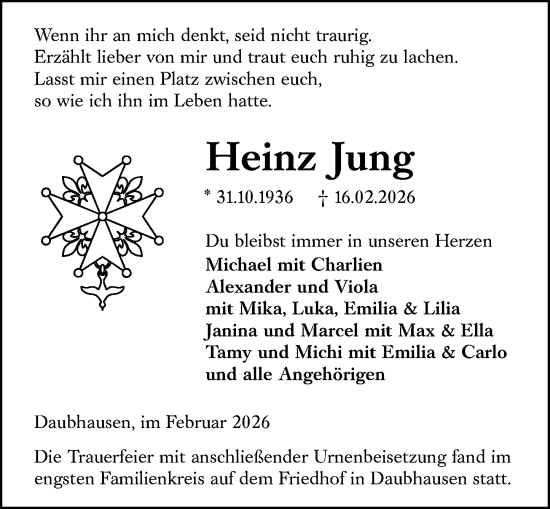 Traueranzeige von Heinz Jung von Wetzlarer Neue Zeitung
