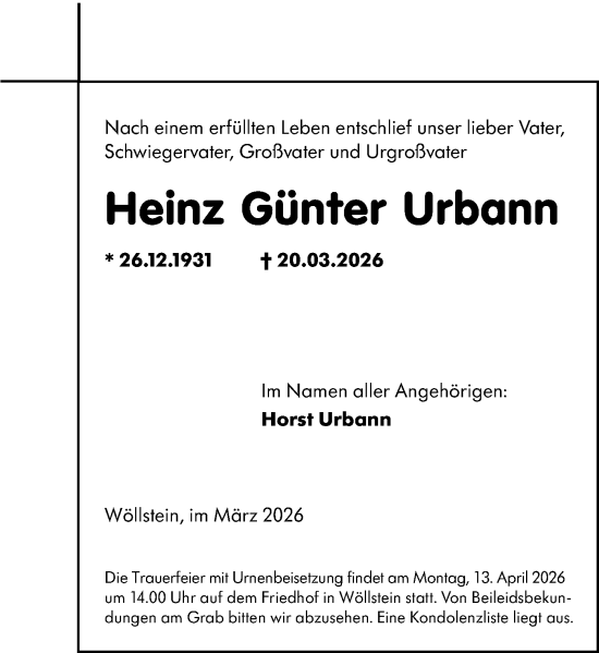 Traueranzeige von Heinz Günter Urbann von Allgemeine Zeitung Alzey