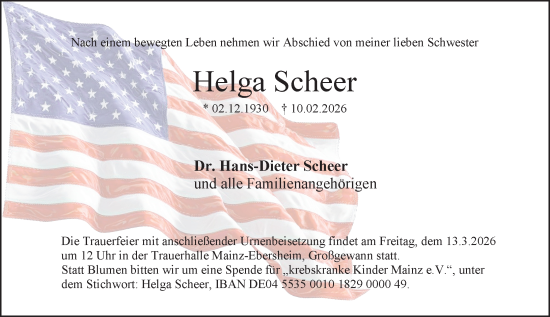Traueranzeige von Helga Scheer von Allgemeine Zeitung Mainz