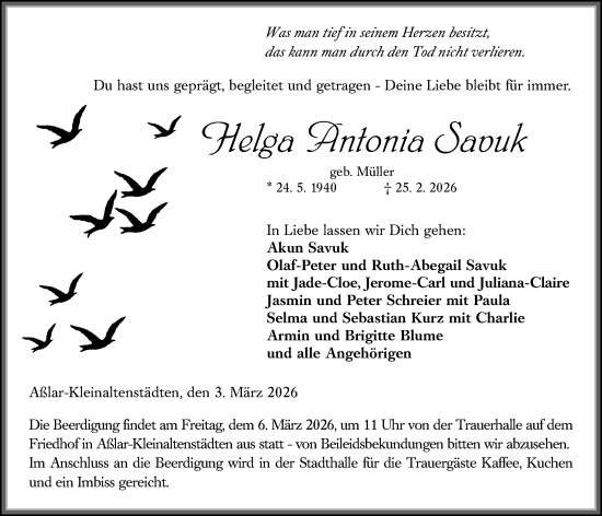 Traueranzeige von Helga Antonia Savuk von Wetzlarer Neue Zeitung