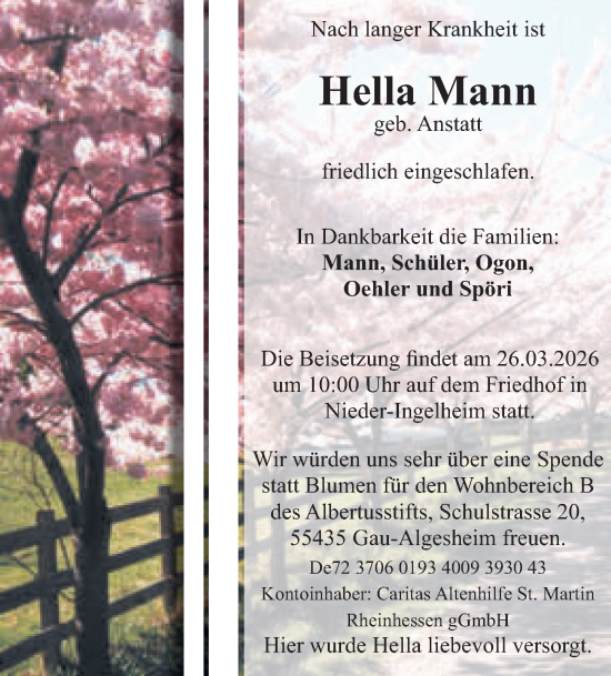Traueranzeige von Hella Mann von Allgemeine Zeitung Rheinhessen-Nahe