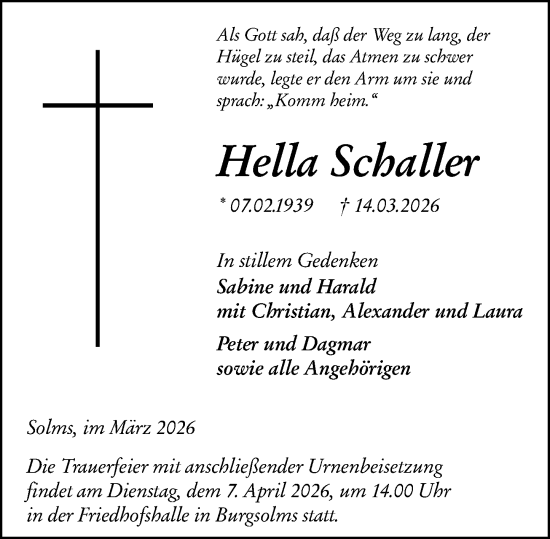 Traueranzeige von Hella Schaller von Wetzlarer Neue Zeitung