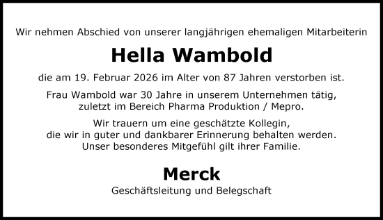Traueranzeige von Hella Wambold von Darmstädter Echo