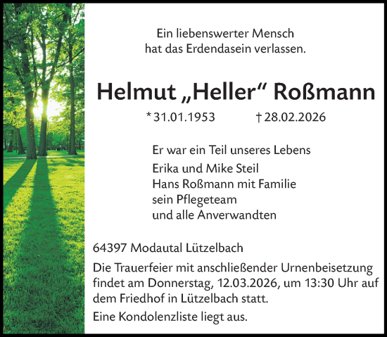 Traueranzeige von Helmut Roßmann von Darmstädter Echo