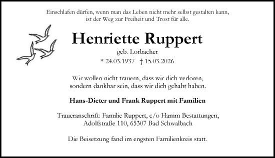 Traueranzeige von Henriette Ruppert von Idsteiner Land/Untertaunus