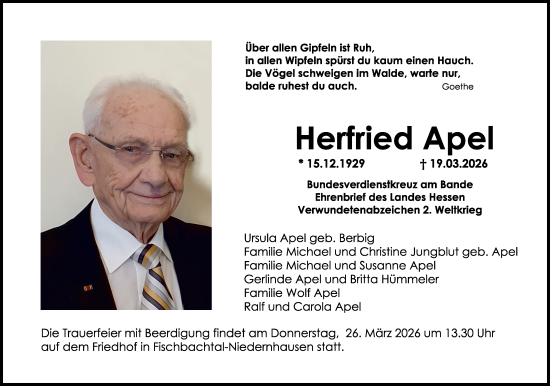 Traueranzeige von Herfried Apel von Darmstädter Echo
