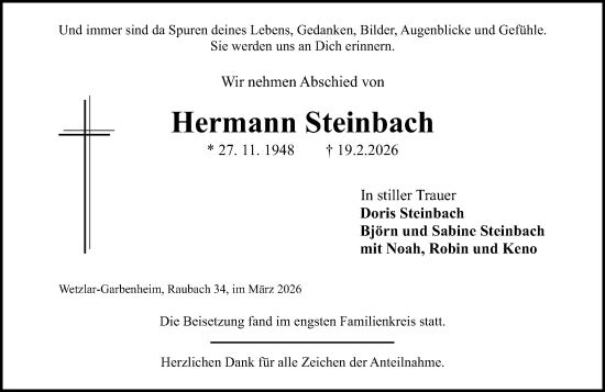 Traueranzeige von Hermann Steinbach von Wetzlarer Neue Zeitung