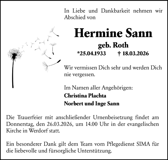 Traueranzeige von Hermine Sann von Wetzlarer Neue Zeitung