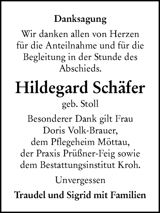 Traueranzeige von Hildegard Schäfer von Weilburger Tageblatt