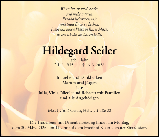 Traueranzeige von Hildegard Seiler von Groß-Gerauer Echo