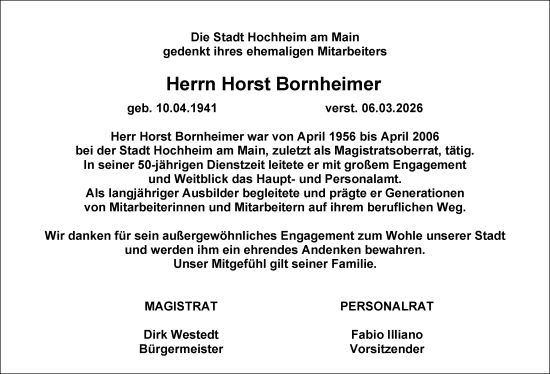 Traueranzeige von Horst Bornheimer von Hochheimer Zeitung