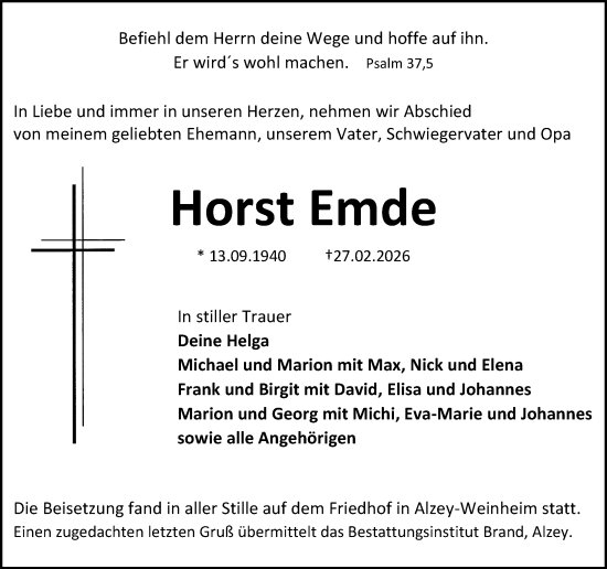 Traueranzeige von Horst Emde von Allgemeine Zeitung Alzey
