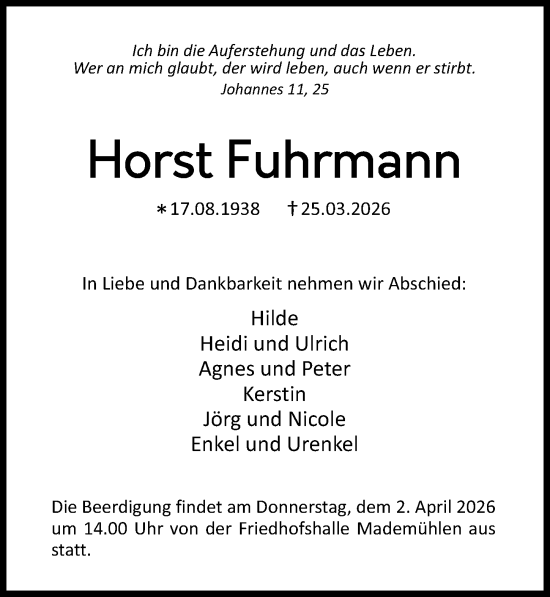 Traueranzeige von Horst Fuhrmann von Dill Block