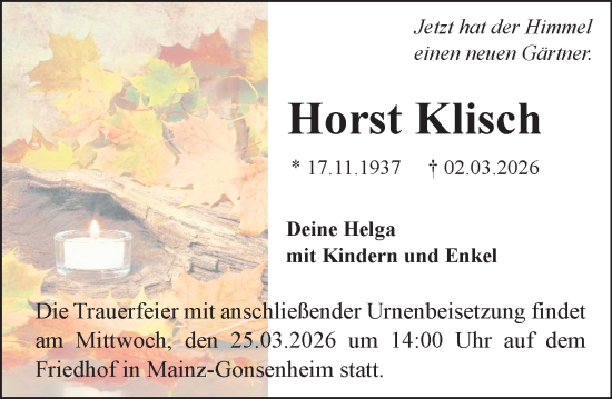 Traueranzeige von Horst Klisch von Allgemeine Zeitung Mainz