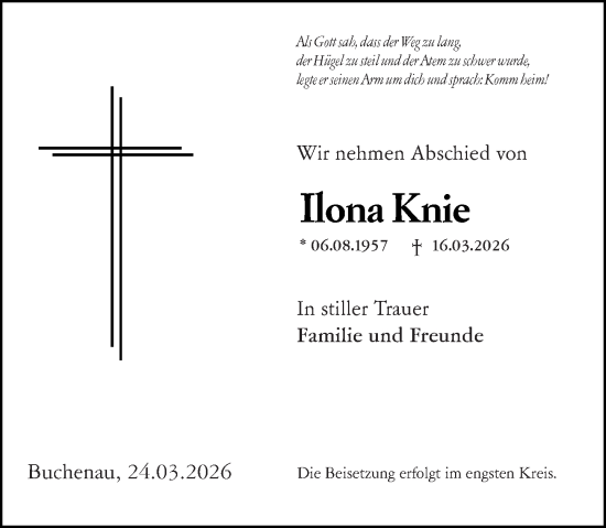 Traueranzeige von Ilona Knie von Hinterländer Anzeiger