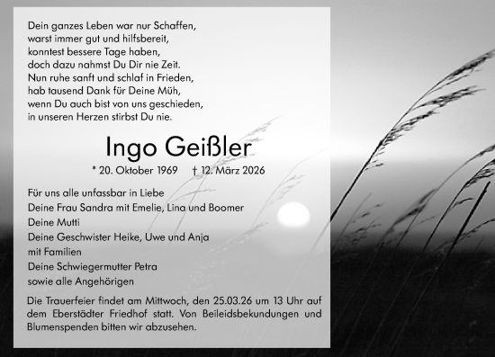 Traueranzeige von Ingo Geißler von Darmstädter Echo