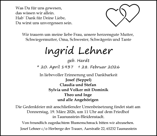 Traueranzeige von Ingrid Lehner von Wiesbadener Kurier