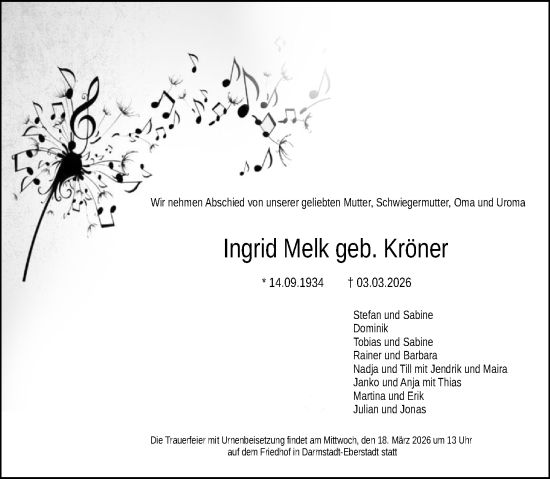 Traueranzeige von Ingrid Melk von Darmstädter Echo