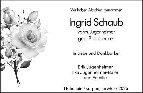 Traueranzeige von Ingrid Schaub von Allgemeine Zeitung Mainz