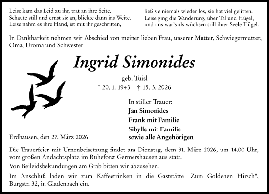 Traueranzeige von Ingrid Simonides von Hinterländer Anzeiger