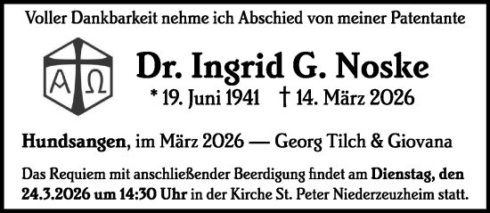 Traueranzeige von Ingrid G. Noske von Nassauische Neue Presse