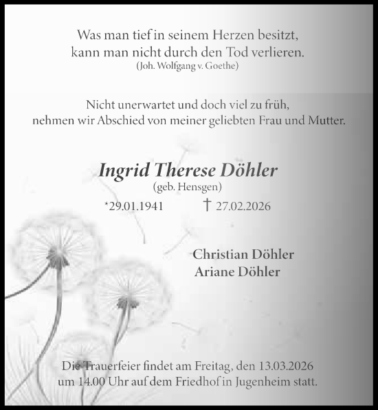 Traueranzeige von Ingrid Therese Döhler von Allgemeine Zeitung Mainz