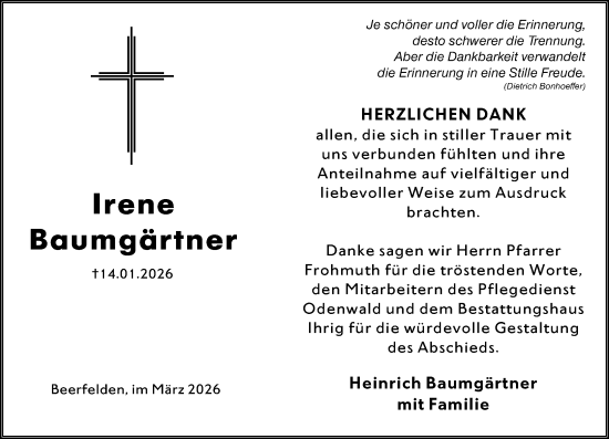 Traueranzeige von Irene Baumgärtner von Odenwälder Echo