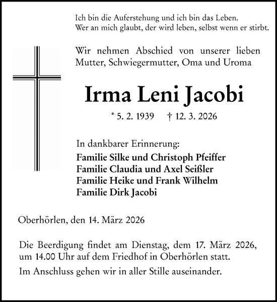Traueranzeige von Irma Leni Jacobi von Hinterländer Anzeiger