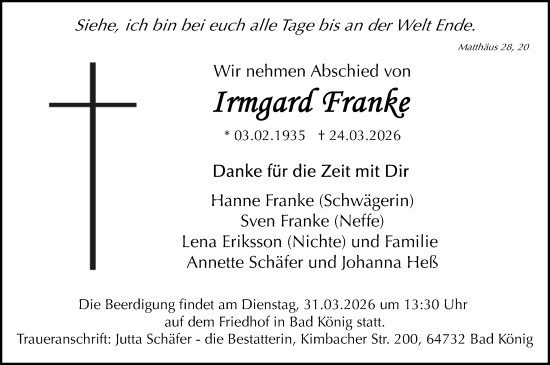 Traueranzeige von Irmgard Franke von Odenwälder Echo