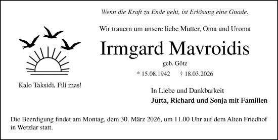 Traueranzeige von Irmgard Mavroidis von Wetzlarer Neue Zeitung