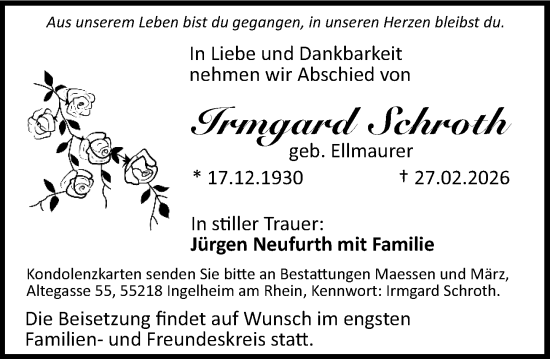 Traueranzeige von Irmgard Schroth von Allgemeine Zeitung Rheinhessen-Nahe